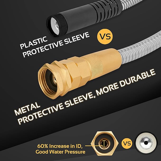 Garden Hose Metal - 100ft Heavy Duty Stainless Steel Water Hose with 8 Function Sprayer & Metal Fittings, Flexible, Lightweight, No Kink, Puncture Proof Hose for Yard, Outdoors, Rv