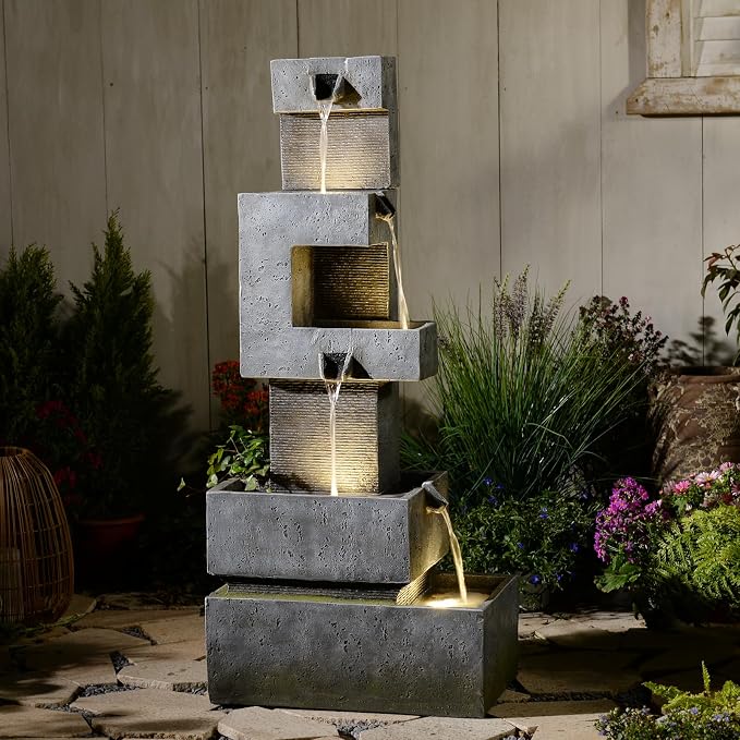 48" Tall Modern 4-Tier Outdoor Water Fountain with LED Lights, Freestanding Cascading Waterfall for Garden, Patio, Porch & Yard Décor Outdoor Clearance