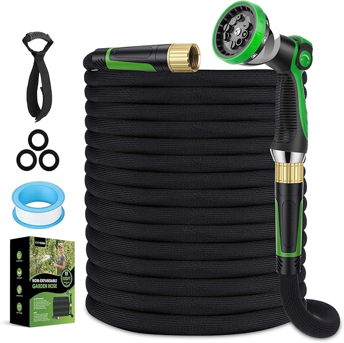 Non-Expanding Garden Hose 100 ft, Lightweight Hose & Flexible Water Hose With 10-Pattern Spray Nozzle, Kink-Free Design, Durable Leakproof Yard Outdoor Hose, Portable Storage Strap, 100 Feet
