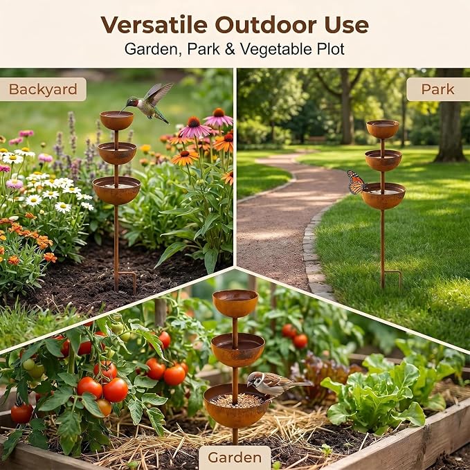 Metal Rainwater Collector Garden Stake, Outdoor Garden Plant Support | 2026 Model New Three-Tier Bird Bath and Butterflies & Bees Watering Station, Garden Decorative Ornament, 26.7 inches 3pcs