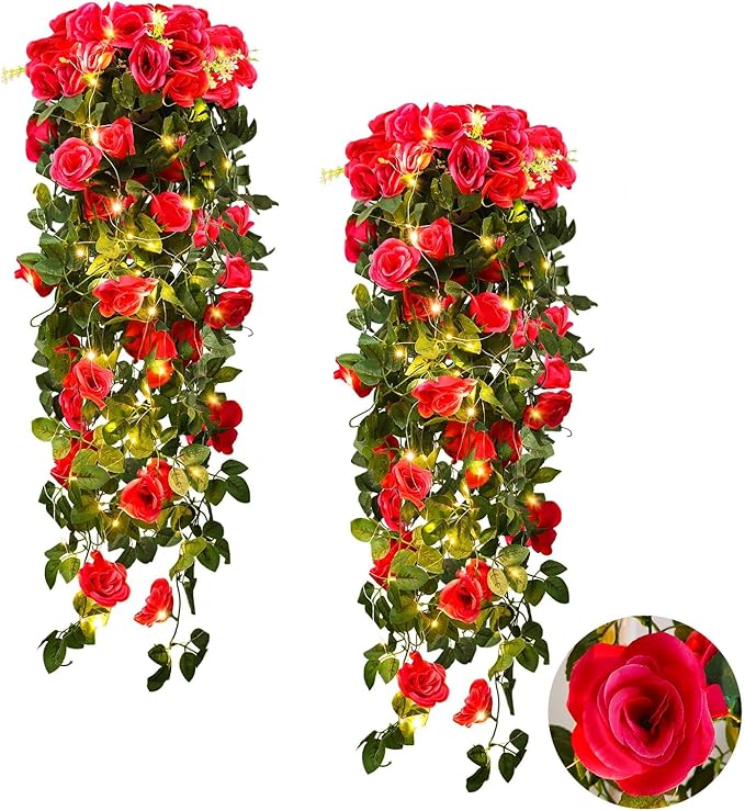 RECUTMS 4 Pack Artificial Plants Fake Hanging Flowers Faux Ivy Vines with LED Fairy Lights Plastic Outdoor UV Resistant for Home Window Garden Office Patio (Rose red)