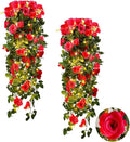 RECUTMS 4 Pack Artificial Plants Fake Hanging Flowers Faux Ivy Vines with LED Fairy Lights Plastic Outdoor UV Resistant for Home Window Garden Office Patio (Rose red)