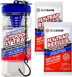 Fly Trap Outdoor Fly Traps for Patio with 2 Non-Toxic Dissolvable Bait Refills. Reusable Hanging Bug Catcher Killer for All Filth Flies for Outside Bug Control Yard Ranch. Hanging Chains Included.