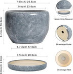 SQOWL Ceramic Pot for Plants - 10 Inch Plant Pot Indoor with Drainage Hole and Saucer, Round Ceramic Planter, Decorative Large Flower Pot Outdoor, Home Office Room Decor, Garden Gifts, Gray