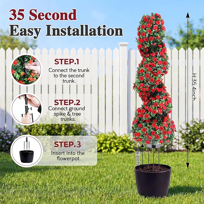 PATIO CHOICE 3ft Artificial Topiary Spiral Trees with Rose Set of 2 36" High End Outdoor Faux Plants Realistic Faux Bushes and Shrubs Decorations for Outdoor Front Porch Garden