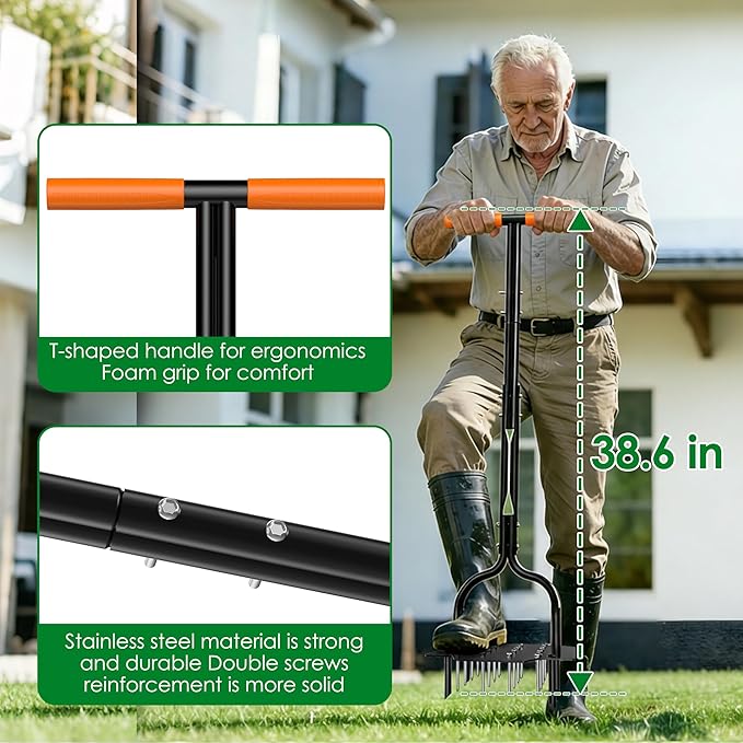 2-in-1 Lawn Aerator, Heavy Duty Manual Core Aerator Lawn Tool with 16 Iron Spikes & 4 Hollow Tines Garden Tools for Yard Grass Soil