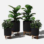Veradek Demi Series Round Planter w/Stand for Porch/Patio | Durable Plastic-Stone Composite & Wooden Stand | Modern Décor for Tall Plants, Flowers