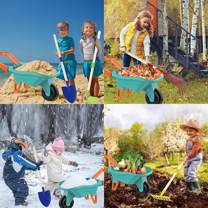 Kids Gardening Set with Wheelbarrow, Real Metal Garden Tools for Kids Ages 3-8, 4 Long Handle Tools, 3 Hand Tool, Gloves, 5 Stickers, Handbook, Outdoor Backyard Toys for Toddler Gift