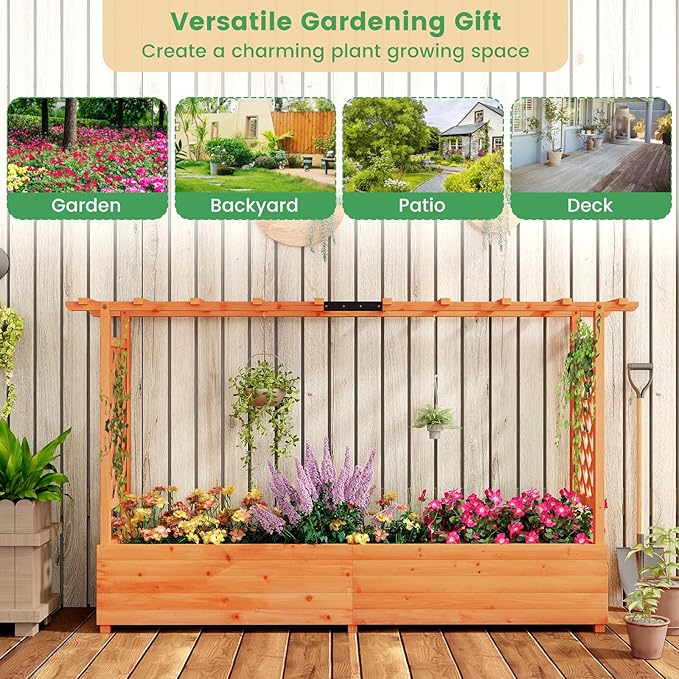 MAT EXPERT Raised Garden Bed with Trellis & Hanging Roof, Lattice Panel with Drainage Hole for Flower, Climbing Plant, Herb, Planter Box for Garden, Patio, Yard (1, 77" x 17" x 45" (L x W x H))