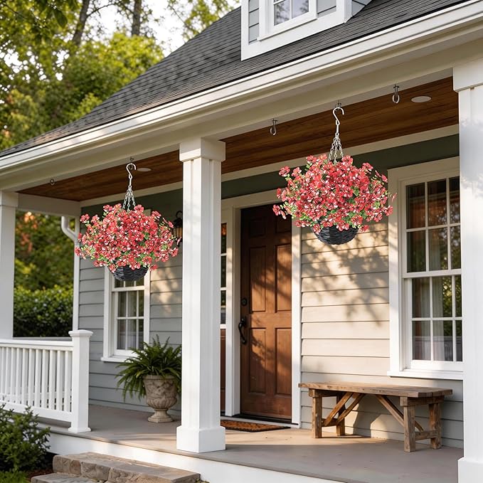 GLIDLION Artificial Flower & Eucalyptus with Hanging Basket - 2PCS Faux UV Sun Resistant Morning Glory in Planter, Fake Colorful Silk Flowers for Spring Summer Porch Patio Balcony Yard Decor (Red)