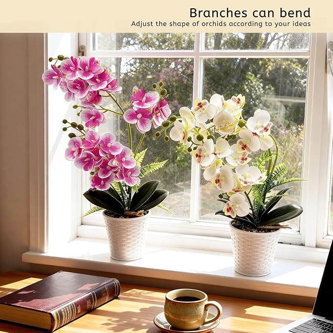 Daily Treasures 21-Heads Artificial Orchid Flower in Pot,2 Pack Potted Orchid Plant,Fake Phalaenopsis Flowers with Plastic Vase,Silk Flowers Indoor Decor for Home Table Centerpiece(White & Purple)