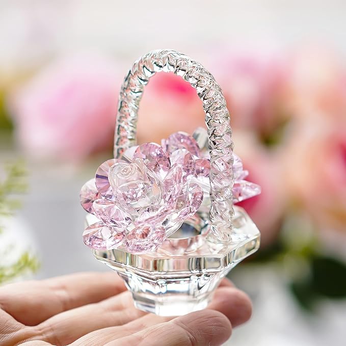 H&D HYALINE & DORA Glass Rose Flower Gift for Women Handcraft Pink Crystal Rose Flower Basket Figurine for Valentine's Day Mother's Day Christmas