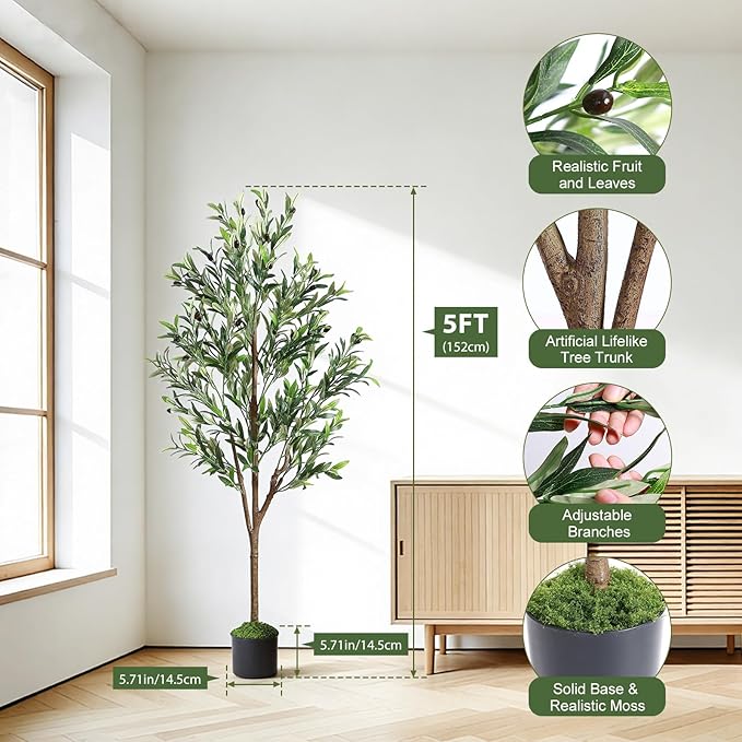 Alupssuc 5ft Olive Tree Artificial Indoor, Fake Tree Potted Faux Olive Trees with Lifelike Fruits and Realistic Leaves, Artificial Plants Indoor Fake Plants for Modern Home Office Living Room Decor