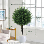 Artificial Cedar Topiary Ball Tree with Ground Spike, Set of 2 UV Resistant Artificial Bushes for Outdoors Faux Shrubs, Weatherproof Fake Round Cypress Ball Bushes Plant for Front Porch