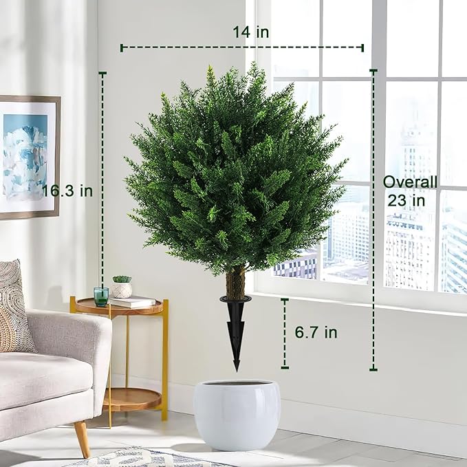 Artificial Cedar Topiary Ball Tree with Ground Spike, Set of 4 UV Resistant Artificial Bushes for Outdoors Faux Shrubs, Weatherproof Fake Round Cypress Ball Bushes Plant for Front Porch