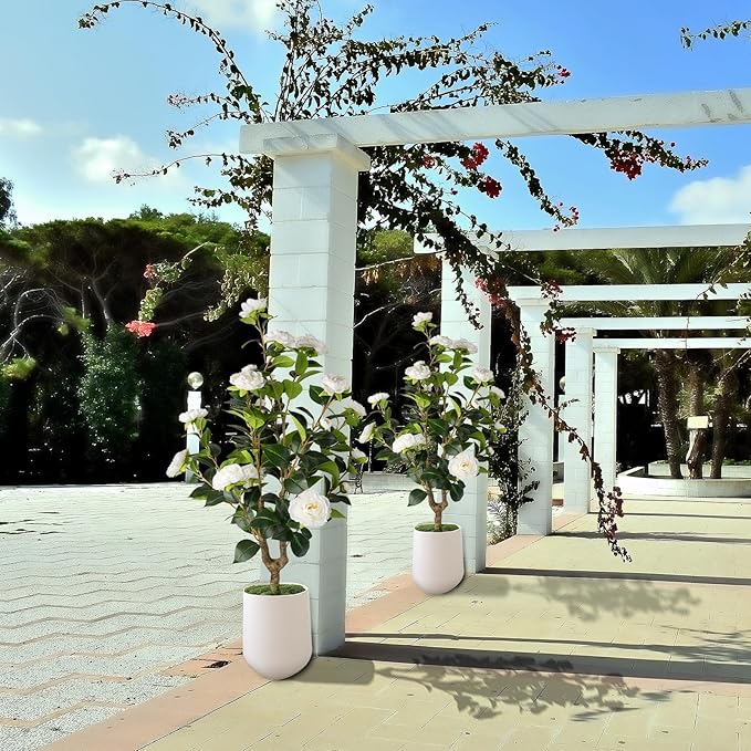 Artificial Camellia Tree 2 Pack - Realistic Camellia Plants in Pot with White Flowers, Lifelike Faux Greenery for Living Room, Patio, or Wedding, White