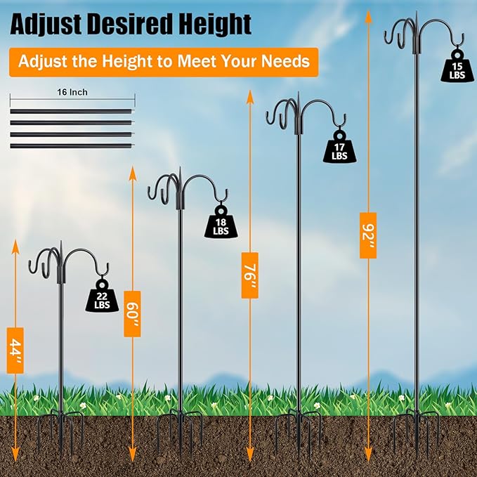 FEED GARDEN [Upgrade Version 92 Inch Three Shepherd Hooks for Outdoor,Bird Feeder Pole with 5 Prong Base, Adjustable Shepard Hooks for Hanging Plant, Solar Lanterns, Wind Chimes, 1 Pack