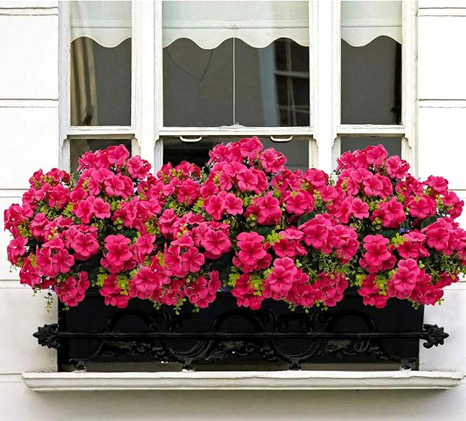 Artificial Geranium Flowers for Outdoor Decoration, 6 Bundles UV Resistant Silk Geranium Fake Plants Faux Flowers for Front Porch Garden Patio Window Box Outside Indoor Decor (Rose Red)