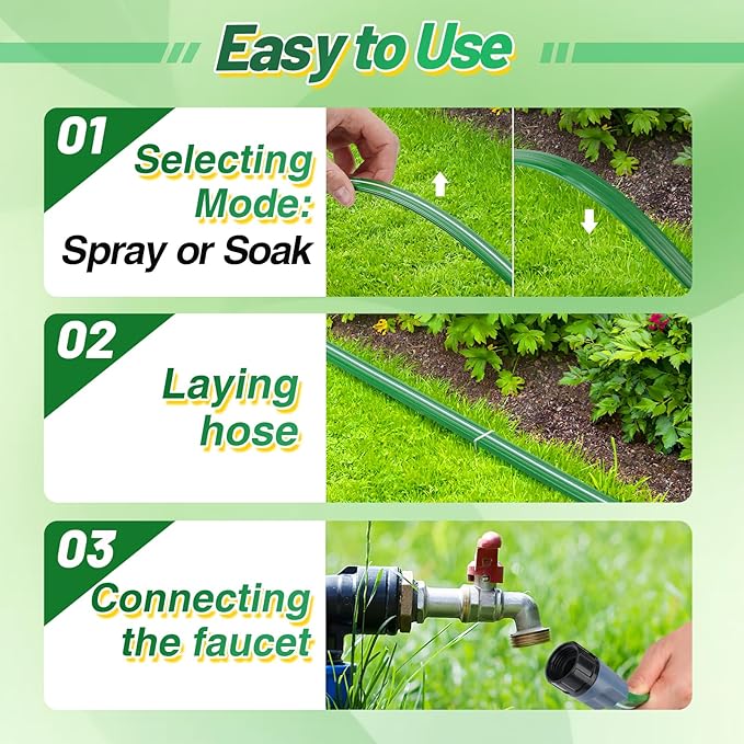 2 Pack 50ft Sprinkler Soaker Hose - Kink-free, Save Water, Flexible, Heavy Duty Three Tube Flat Watering Hose for Garden Yard Lawn Irrigation, With 30 Stakes