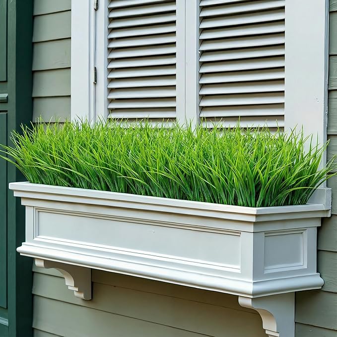 Yimingjin 12 Bundles Artificial Grass Fake Plants，Outdoor Fake Grass for Pot UV Resistant Patio Garden Porch Home Window Hanging Planter Decor Faux Plastic Shrubs(Green)