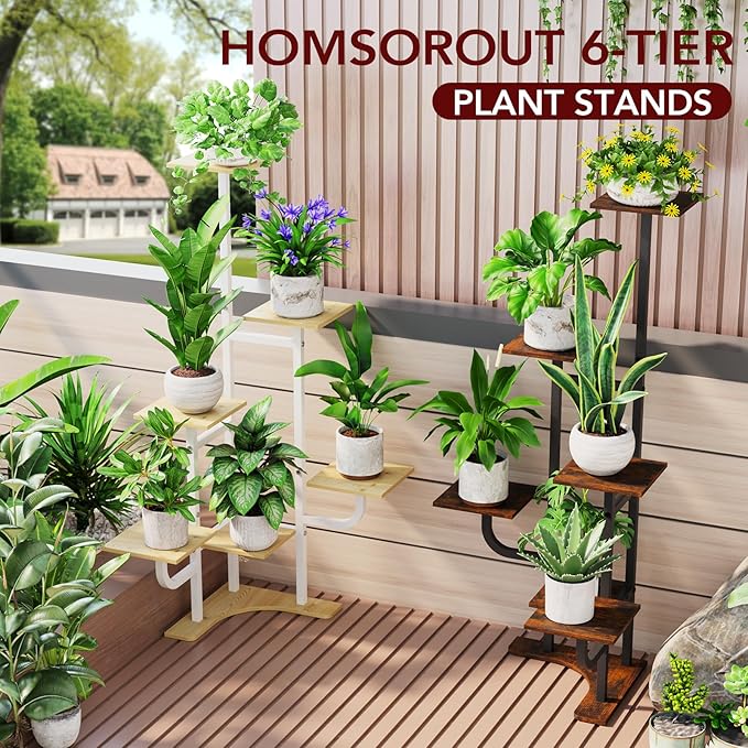 Homsorout Corner Plant Stand with Grow Light - 6 Tier Plant Stand Indoor Square Metal Plant Shelf with Adjustable Light, Plant Organizer for Living Room, Graden, Home Decor (Brown)