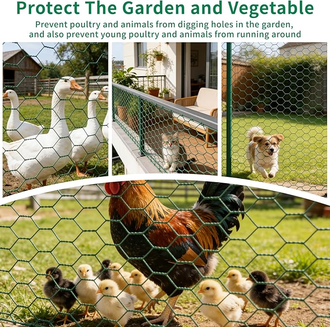 15.7 x 197in Plant Protectors from Animals – PVC Coated Green Chicken Wire Mesh Garden Barrier with 0.9mm Fine Mesh – Complete Cut-to-Size Cage Kit Includes Pliers, Gloves, Ties & U-Stakes