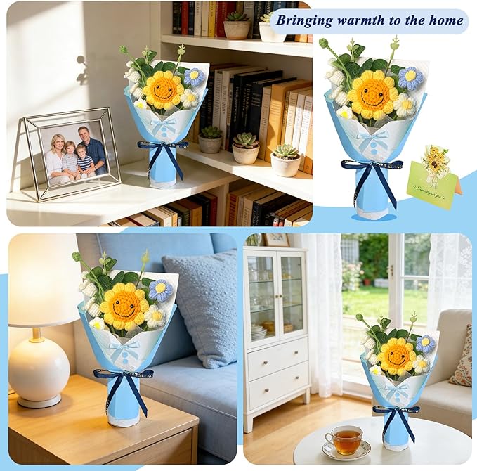 Crochet Flower Bouquet, Handmade Sunflower Lily of the Valley Bouquet,Blue Crocheted Flowers for Graduation Father's Day Birthday Valentine Day Wedding Anniversary Party Gifts,Home Decor