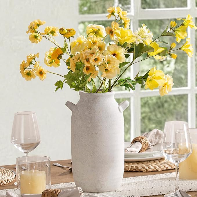 Large Flower Vase Home Decor - 12 inch Tall Ceramic Farmhouse Rustic Table Vases with Handle Living Room Decoration Decorative Rustic Pottery for Floor Kitchen Shelf Coffee Dining Desk Fireplace