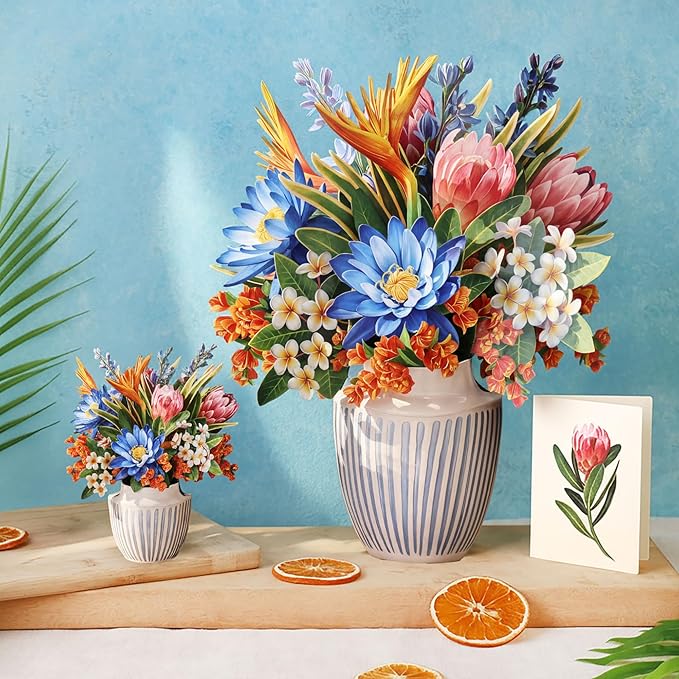 Freshcut Paper Mini Tropical Paradise Pop Up Cards, 6 Inch Mini Sized Forever Flower Bouquet 3D Popup Greeting Card, Birthday Cards, Valentine's Day Card, Blank Notecard & Envelope