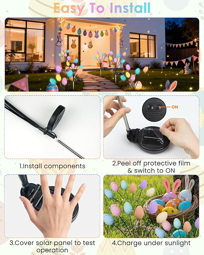 4 Pack Solar Easter Eggs Pathway Lights outdoor, 24 LED Pastel Solar Garden Lights Swaying Firefly Light with 2 Lighting Modes, Waterproof Easter Decorations for Spring Patio Yard Landscape Decor