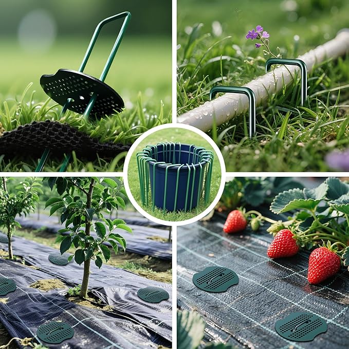 150Pcs Garden Staples +150Pcs Gasket +Pick Hook +Rubber Mallet, 6 Inch Landscape Fabric Stakes Galvanized Weed Barrier Stakes 11 Gauge Landscape Pins U Shape Lawn Staples for Yard, Sod, Turf, Green
