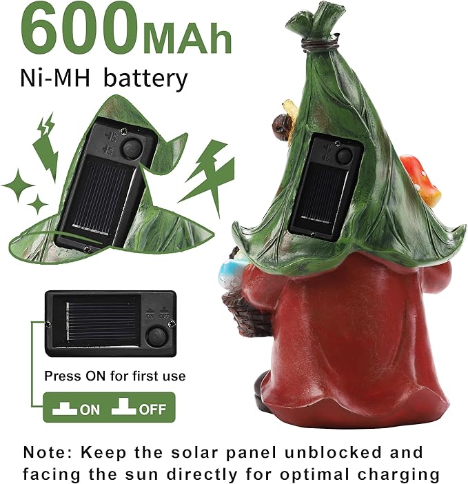 Gnome Solar Garden Statue with 3 LED Lights, Mushroom-Picking Gnome Statue Outdoor Decor for Patio, Yard, Balcony, Lawn Ornament, Gift for Mom, Grandma Mother's Day Christmas Day Decorations