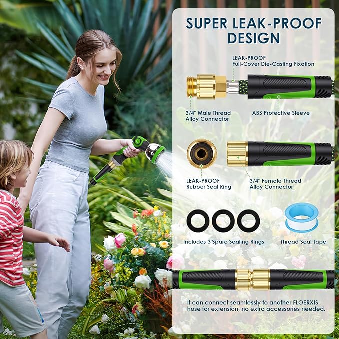 Non-Expandable Garden Hose 25 FT, Lightweight Hose with 10 Function Spray Nozzle, Kink-Free Flexible Water Hose, Durable, Leak-Proof, 360° Swivel Connectors, Portable Storage Strap
