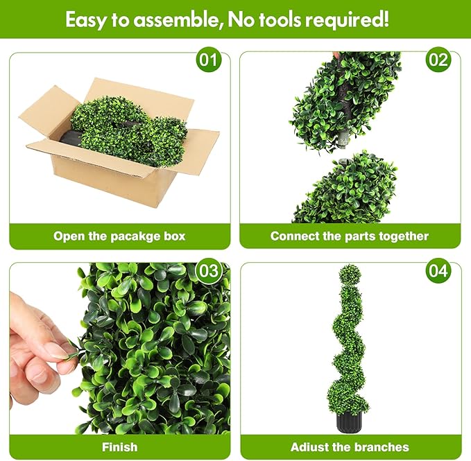 2 Pack 3FT Artificial Spiral Topiary Trees, Realistic Boxwood Trees, Evergreen PE Faux Plants with Durable Pot, Outdoor & Indoor Year-Round Garden, Patio, Porch, Home Entryway Decor