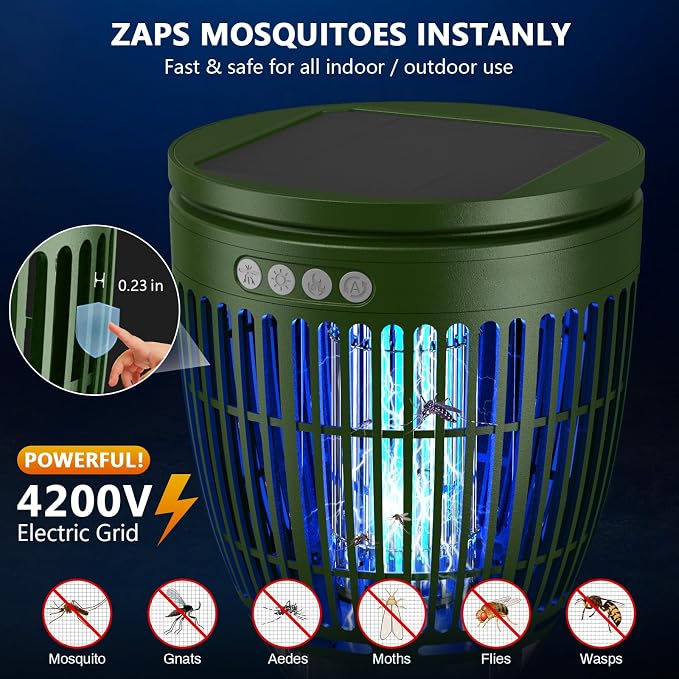 Solar Bug Zapper Outdoor, Jinyeda 4200V Mosquito Zapper with RGB Projector & Flame Lights, Cordless Mosquito Killer, USB Rechargeable Fly Insect Trap Waterproof Lighting Decor for Patio, Garden, Yard