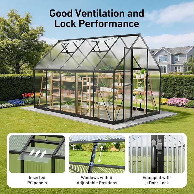 6x10FT Greenhouse for Outdoors with Hygrometer, Polycarbonate Green House with UV Protection, Heavy Duty Greenhouse with Windproof Aluminum Frame, Roof Vent & Quick-Install Design