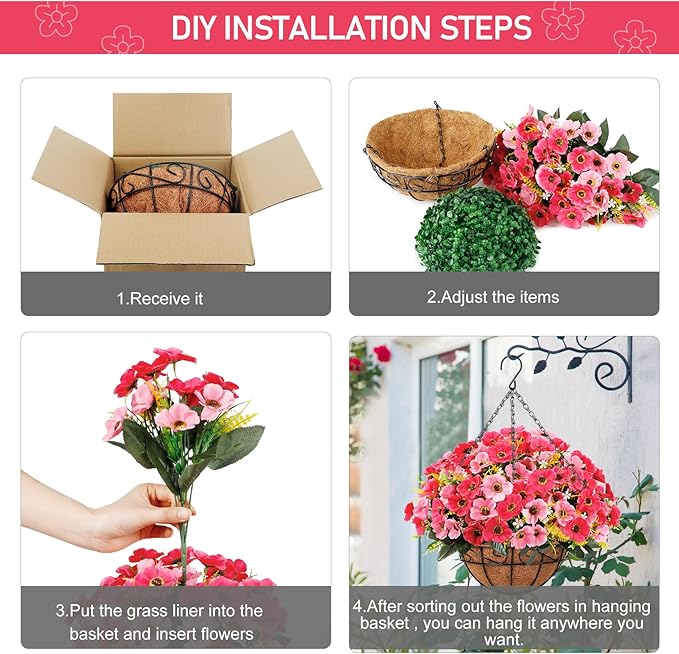 Ouddy Decor Artificial Hanging Flowers with Basket, Fake Silk Hanging Flowers in Coconut Lining Basket Faux Hanging Plants for Outdoor Indoor Spring Garden Porch Patio Balcony Home Decor, Pink