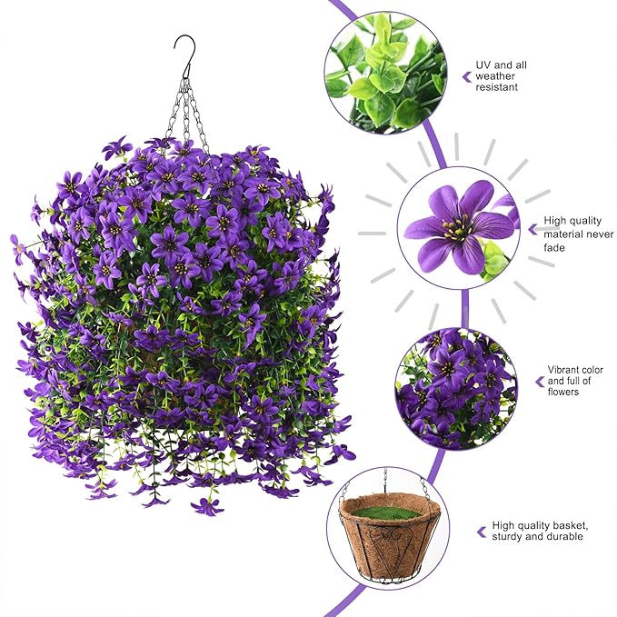 Artificial Hanging Baskets Outdoor, 4 Bundles Artificial Hanging Flowers Outdoors Spring Summer Decoration, No Fade Realistic Fake Hanging Baskets for Porch Patio Balcony Home Yard Decor