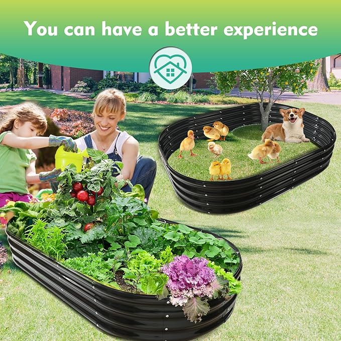 YSEJOMP 6X3X1 FT Oval Galvanized Metal Garden Raised Bed/Plant Box for Planting,36 Inches Diameter Iron Fire Pit Ring,Small Animal Fence-3 in 1 Modular Design in Black (Black, 72X36X11.5 Inches)