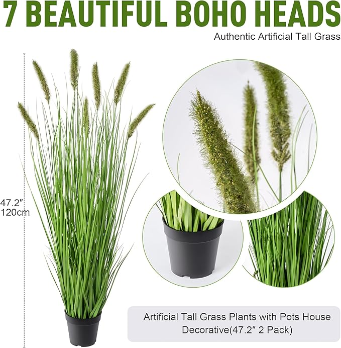 Artificial Cattail Reed Grass Plants Indoor ，Faux Cattail Grass Plant Artificial Plant Grass Outdoor,Fake Grass Tall Green Onions Fake Plant， Living Room Kitchen Office Decoration 47“2 Pcs