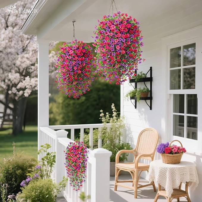 Artificial Hanging Flowers for Outdoors Spring Summer Decoration, 8PCS UV Resistant Silk Fake Hanging Plants for Patio Porch Front Yard Window Garden Indoor Decor(Purple&Hot Pink,8PCS)