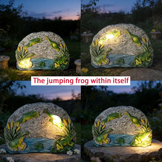 Frog Garden Statue Solar Rock Lights Decor, A Jumping Frog for Patio Pathway Art Housewarming for Yard Decoration Lawn Ornament Gardening Gifts for Women Mom Grandma (Frog)