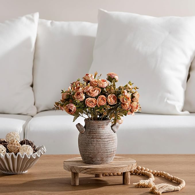 Vanselia Ceramic Flower Vase Home Decor - Farmhouse Table Vases with Handle Living Room Decoration Vintage Decorative Aesthetic for Shelf Coffee Dining Desk House Bookshelf Fireplace (6" Rustic)