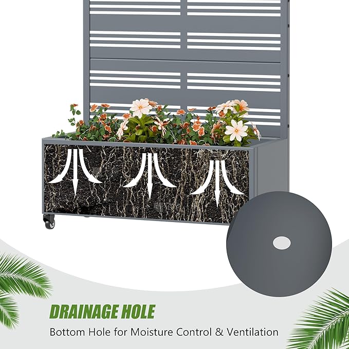Casaphoria Metal Raised Garden Bed with Trellis and Wheels, 72"x35"x16" Planter Box for Climbing Plants, Vegetables & Vines, Features Drainage Holes and Privacy Screen, Grey-Harold