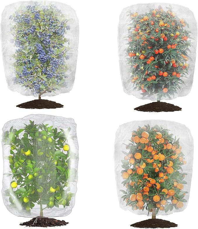 4 Pack Garden Neting Plant Insect Bird Barrier Mesh with Drawstring 4.6Ft x 5.91Ft Mesh Plant Covers Freeze Protection Tomato Barrier Bag for Garden Flower Blueberry Vegetables Fruits Bird Eating