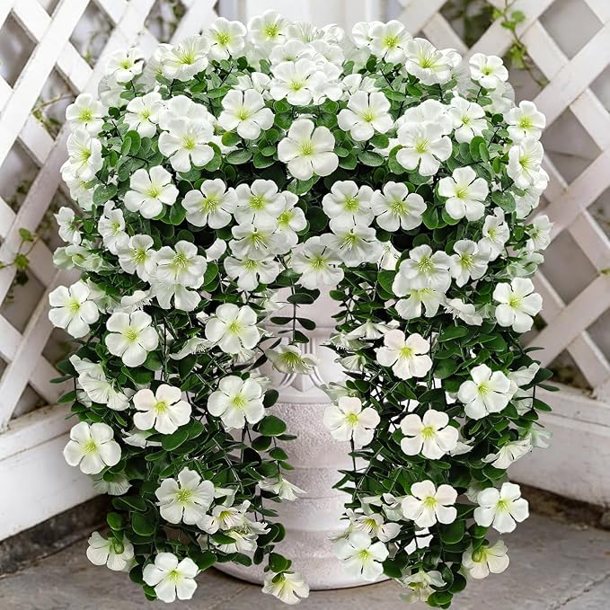 Artificial Geranium Hanging Flowers for Outdoor Decoration, 2 Bundles UV Resistant Silk Geranium Fake Plants Faux Flowers for Front Porch Garden Patio Window Box Outside Indoor Decor (White)