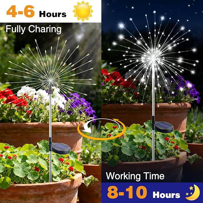 btfarm 2 Pack 120 LED Solar Garden Lights Outdoor, 8 Modes Firework Lights Solar Powered, Waterproof Twinkle Fairy Light Outside for Yard Patio Pathway Pool Christmas Party Decorative, Cool White
