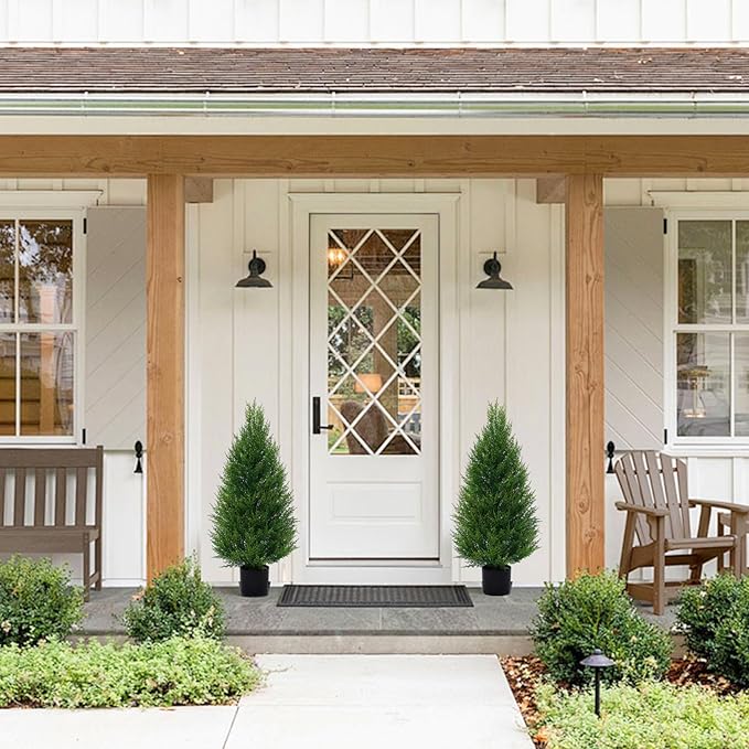 2Pack 3FT Artificial Cedar Trees in Pots, UV Resistant Faux Evergreen Plants for Indoor Outdoor Decoration, Modern Porch & Entryway Greenery