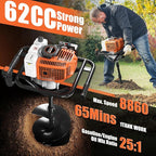 Baotree Post Hole Digger, 62cc Auger Post Hole Digger, Gas Powered Earth Digger with 2 Auger Drill Bits(6" & 8") + 2 Extension Rods, for Farmland, Garden and Plant (62CC)