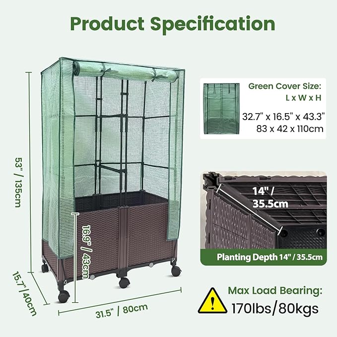MAYOLIAH 3-in-1 Raised Garden Bed Large Planter Box with Trellis & Cover on Wheels Plastic Tomato Planter with Greenhouse for Deep Rooted & Climbing Plants 31.5x15.7x53-inch Brown